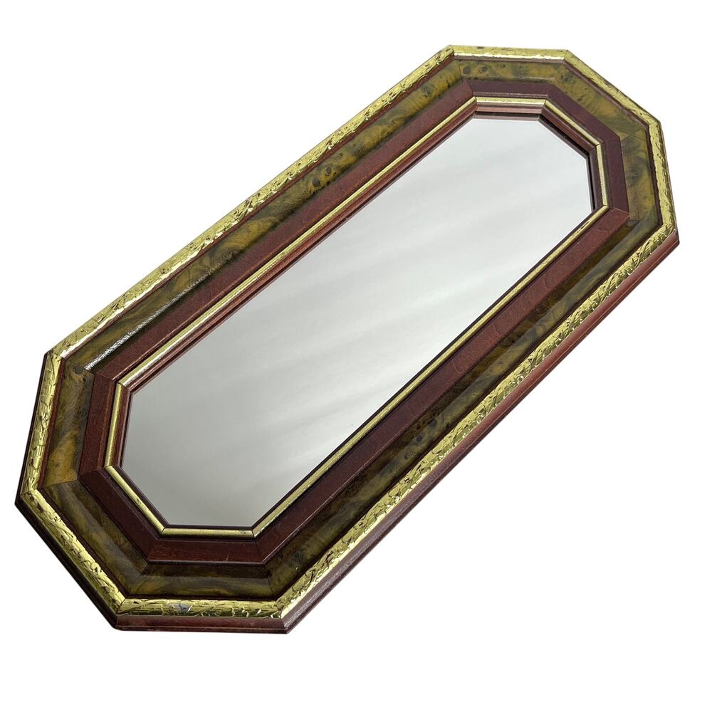 Vintage Long Octagonal Wood Frame Accent Mirror Gold Accents Regency Mid Century